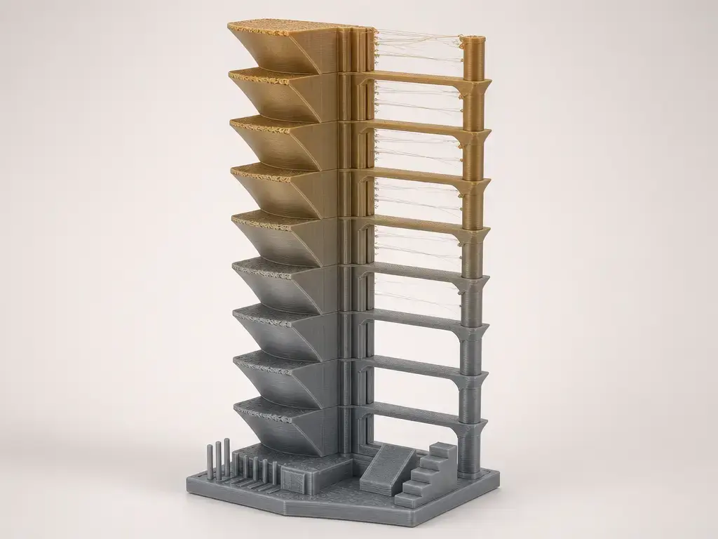 FDM temperature tower with bridges, overhangs, and stringing differences