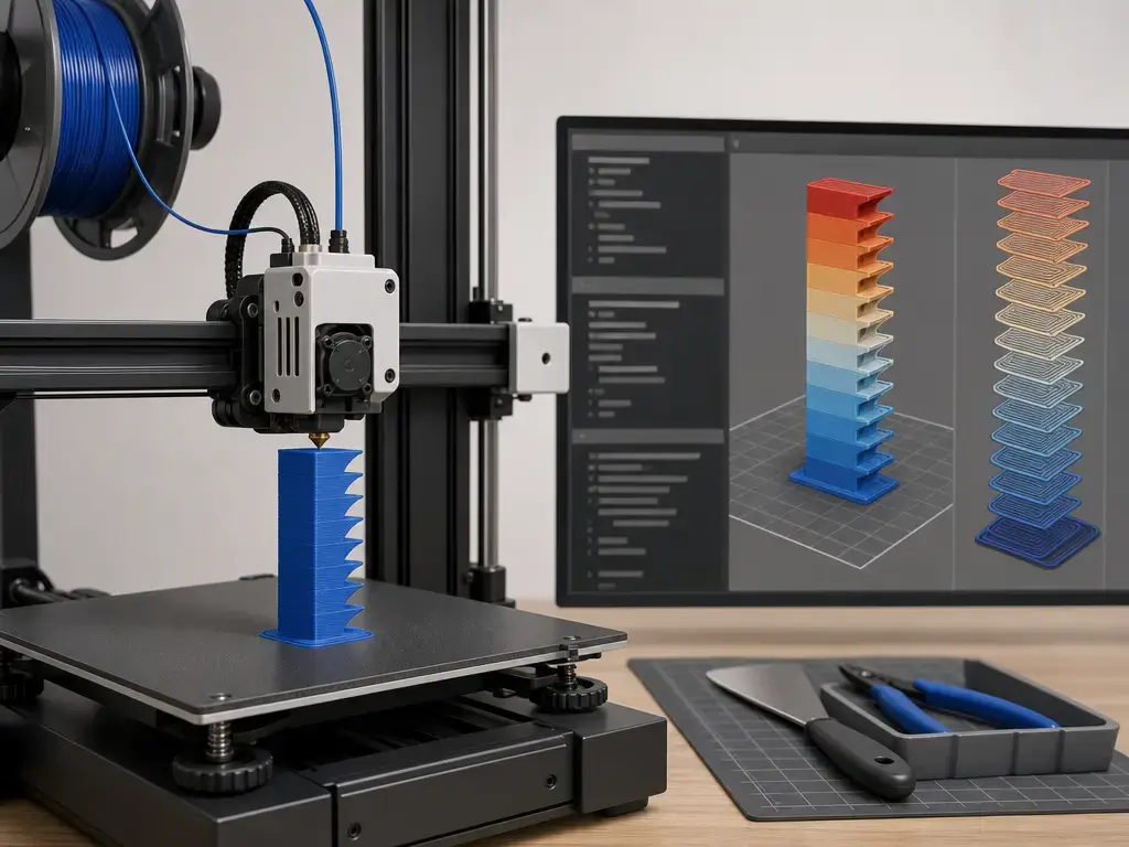 Material-extrusion printer producing a temperature tower during calibration