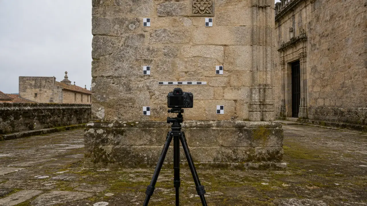 Tripod camera photographing a stone facade with survey targets and a scale bar