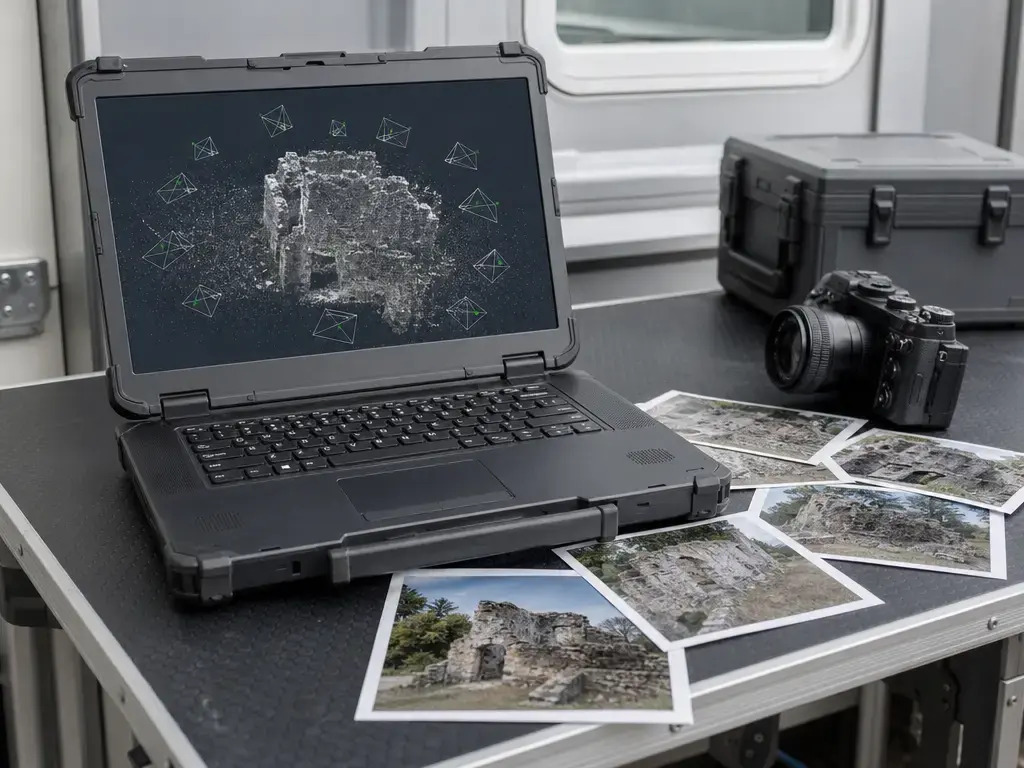 Laptop showing sparse point cloud beside printed photos and a camera.