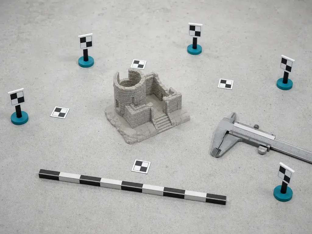 Validation setup with scale bars, checkpoints, and a measured test object.