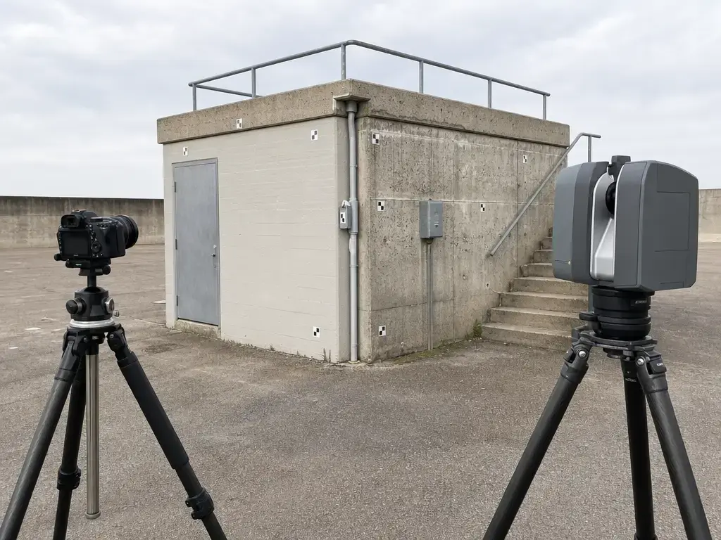 Photogrammetry camera and laser scanner aimed at the same object outdoors.