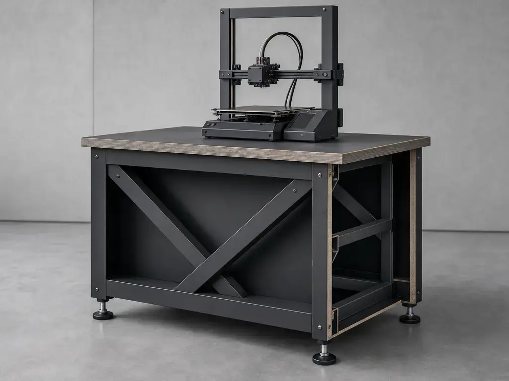Braced 3D printer bench showing diagonal anti-racking supports and stable footprint
