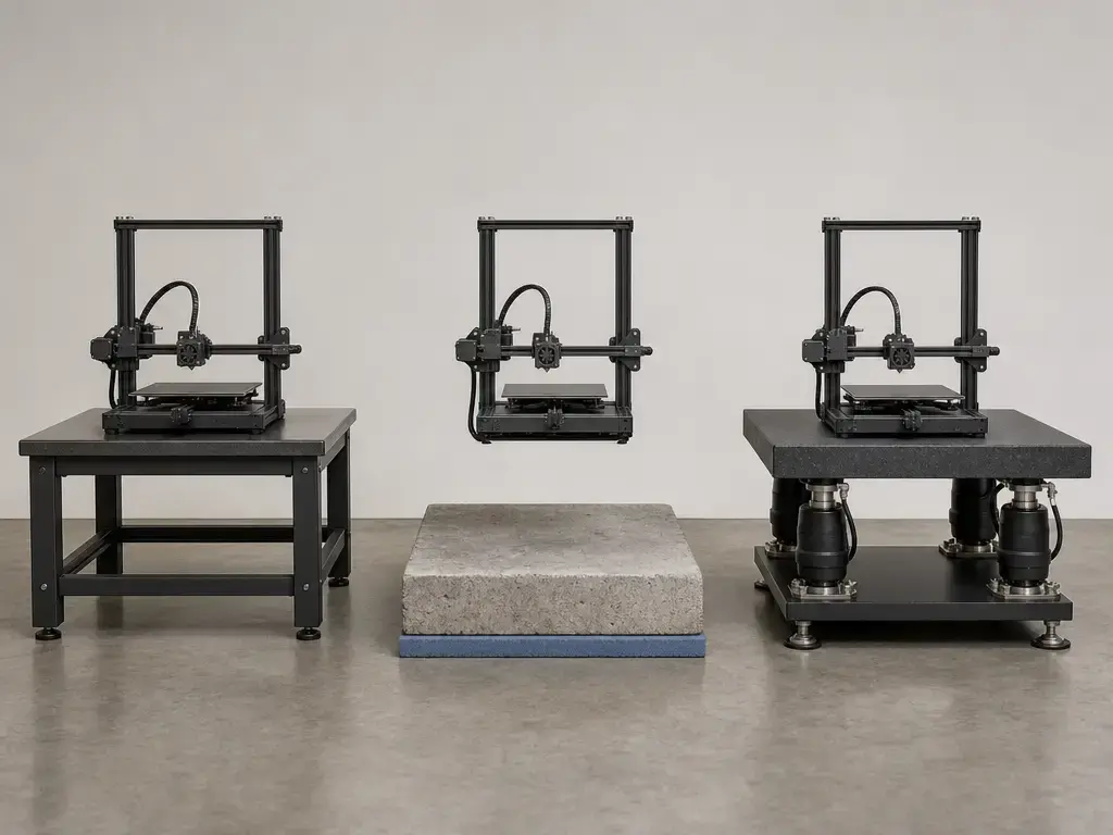 Comparison of rigid bench, paver-and-pad isolation stack, and optical isolation support hardware