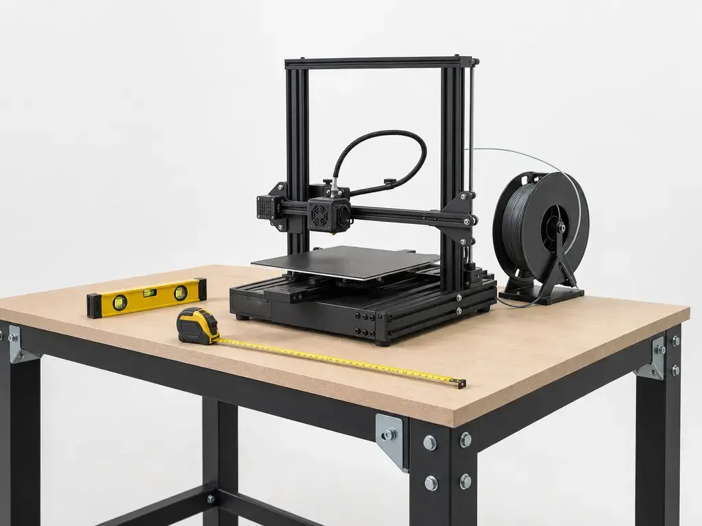 3D printer setup workflow with clearance, leveling, and bench-stability checks