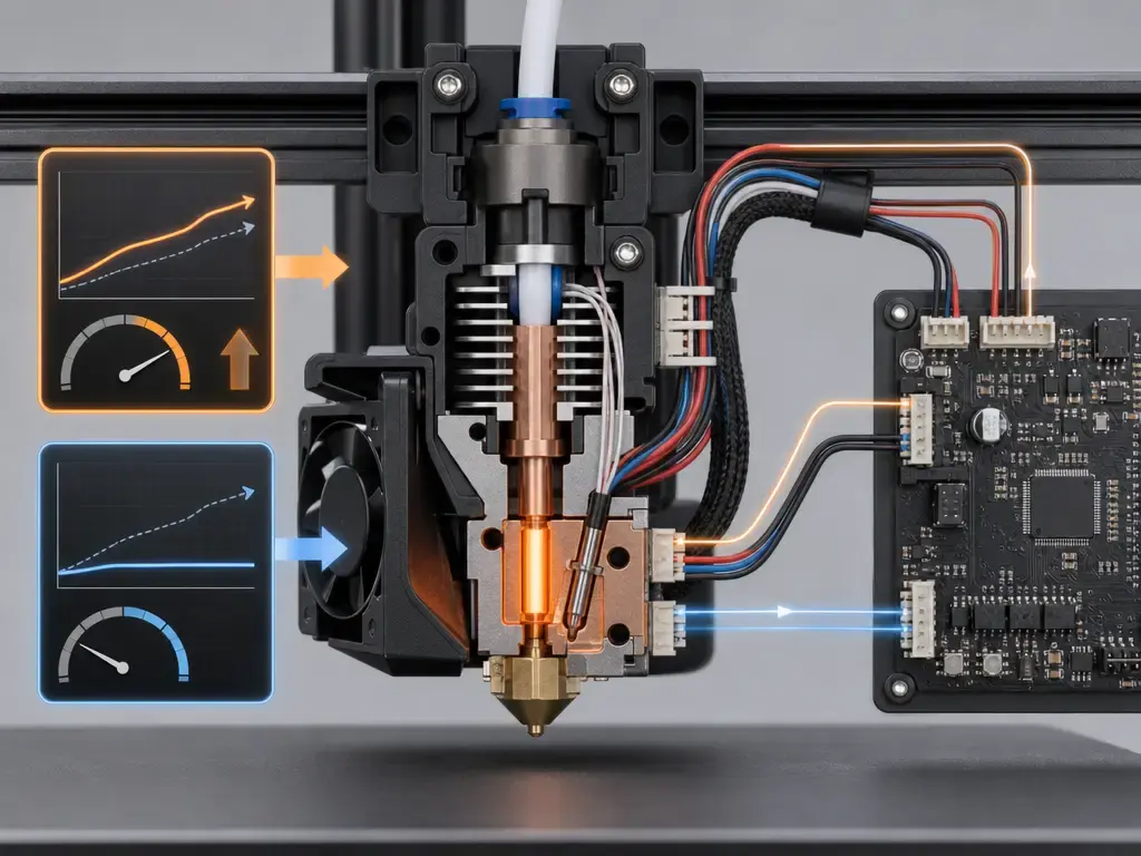 3D printer hotend thermal runaway protection cutaway with heater, sensor, and controller