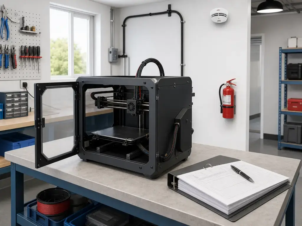 3D printer fire safety setup with smoke alarm, extinguisher, cable routing, and clear workspace