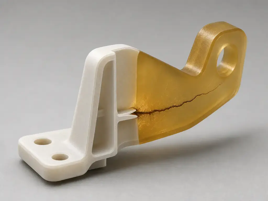 Sectioned tough resin bracket showing notch-driven deformation and crack propagation