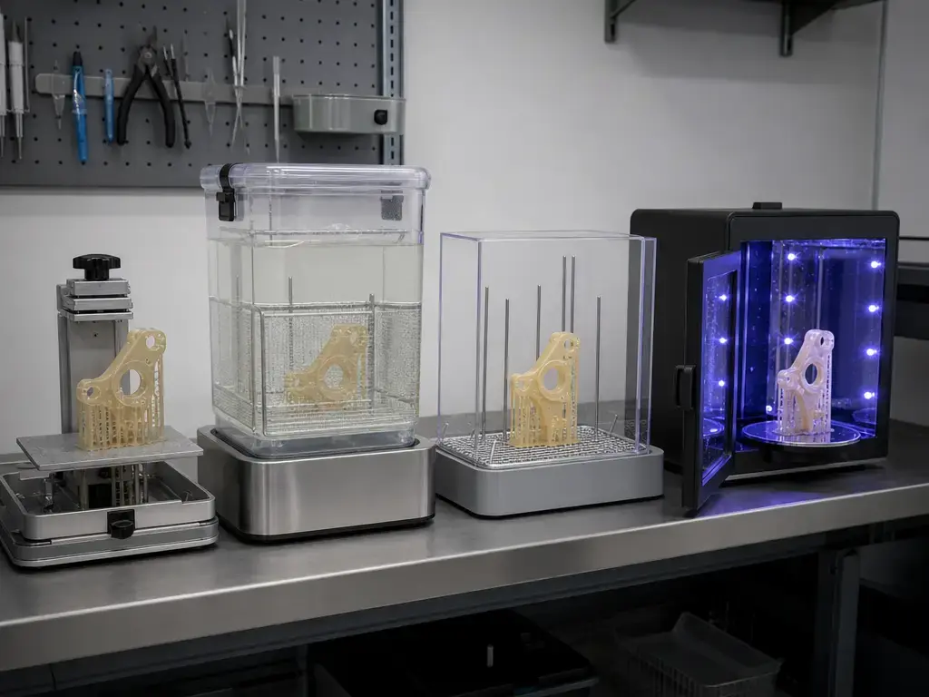 Resin print post-processing sequence with wash, dry, and UV post-cure stages