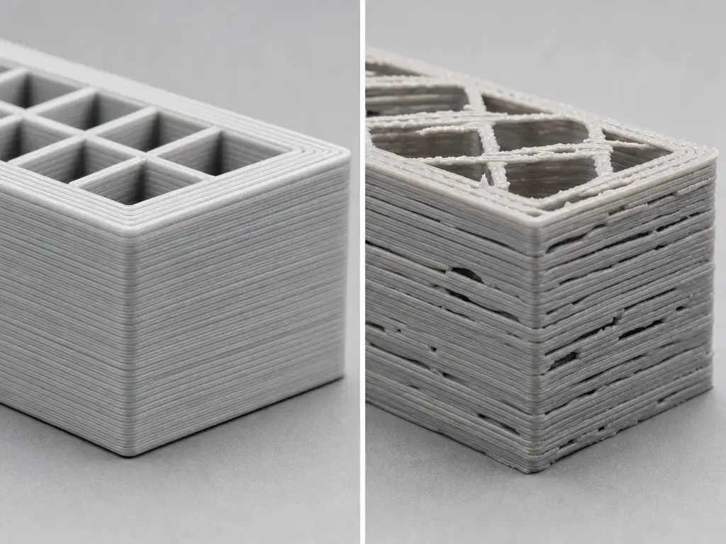Comparison of FFF print walls showing normal extrusion and under-extrusion gaps