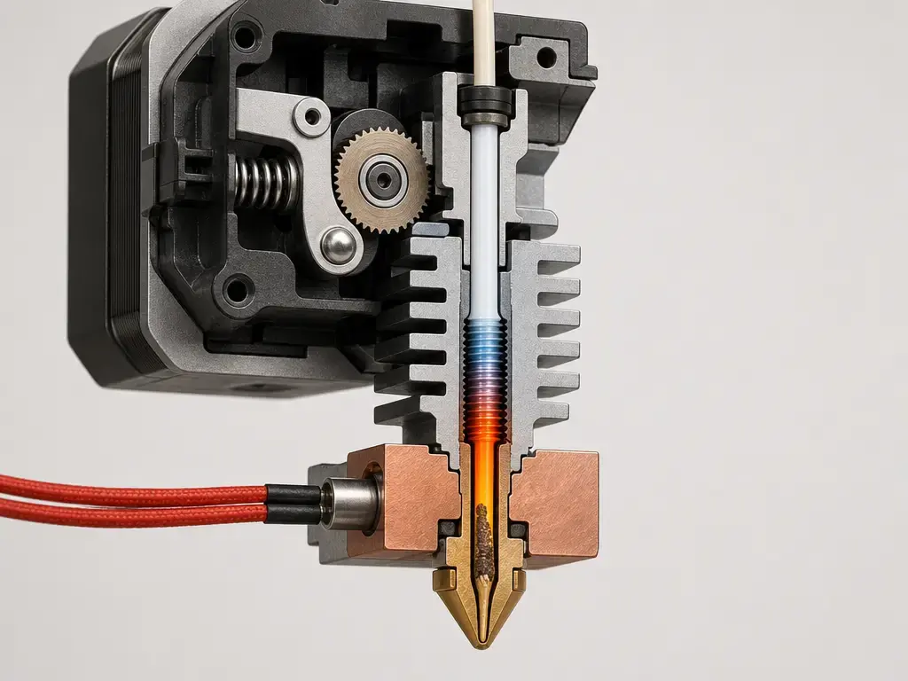 Cutaway of an FFF extruder and hotend showing the filament path to the nozzle