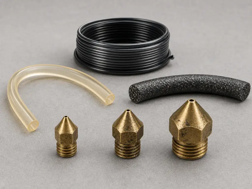 TPU filament, filled filament, and multiple FFF nozzle sizes on a studio surface