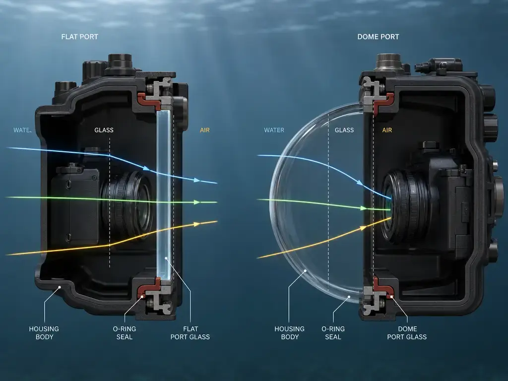 Underwater camera housing cutaway showing flat port and dome port ray paths