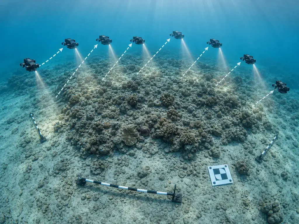 Underwater photogrammetry survey path with overlap and scale bars over a reef patch