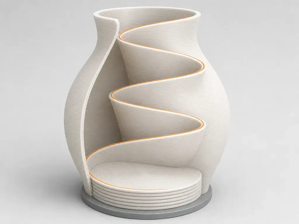 Cutaway vase mode print showing a single spiral wall and solid base