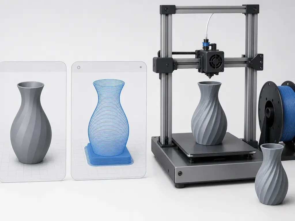 Vase mode workflow with model, slicer preview, and finished single-wall print