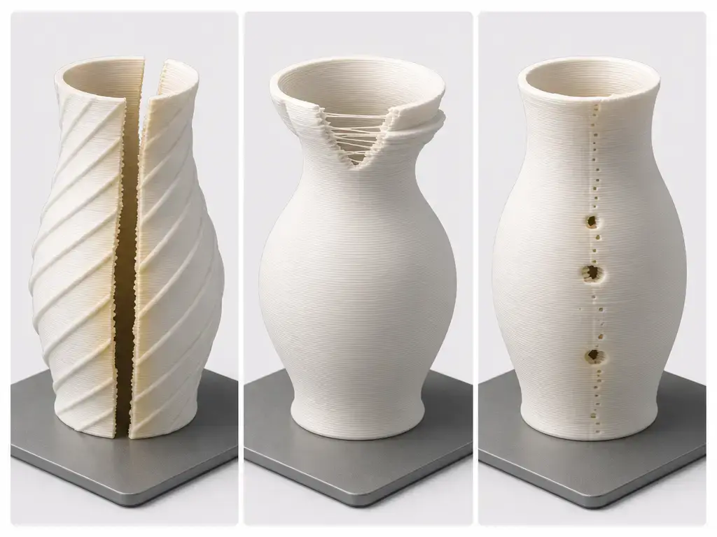 Comparison of vase mode failures showing splits, unsupported features, and leak-prone voids