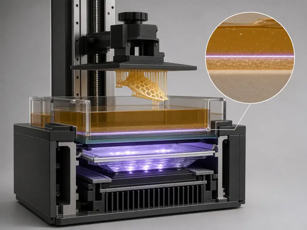 Cutaway of a vat photopolymerization printer showing cure depth and layer formation