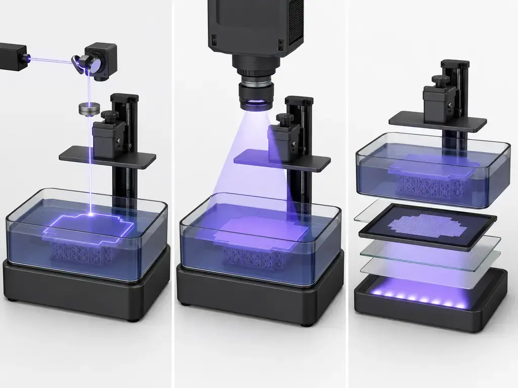 Comparison of SLA, DLP, and LCD/MSLA vat photopolymerization light paths