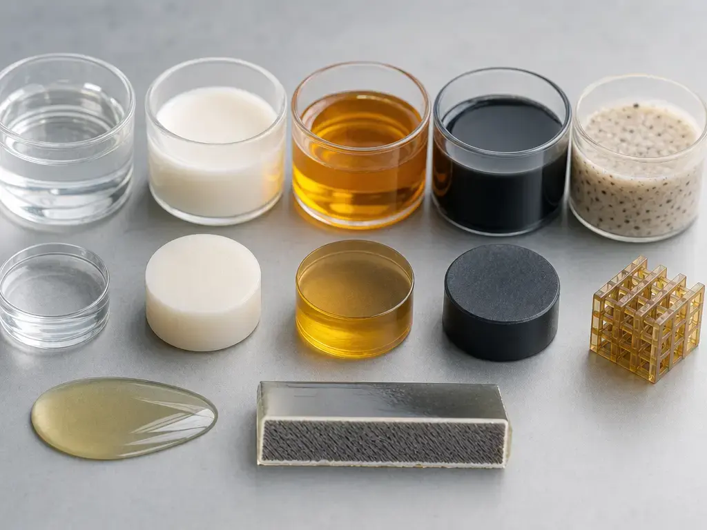 Macro view of vat photopolymerization resin types and cured test samples