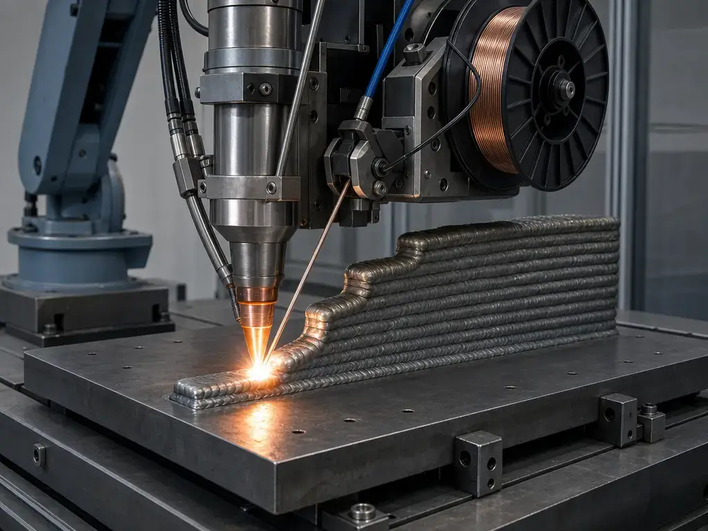 WAAM deposition head forming a bead on a substrate with visible layered bead structure