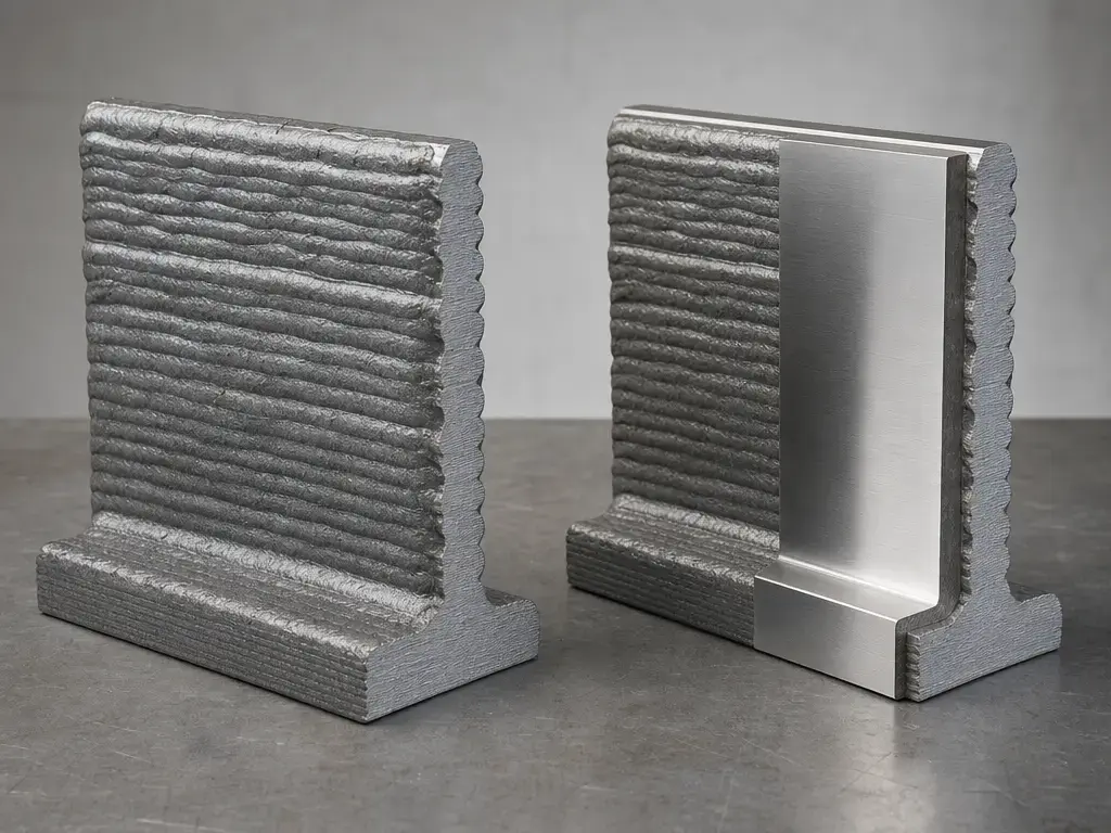 WAAM wall sample showing rough bead texture beside a machined finish surface