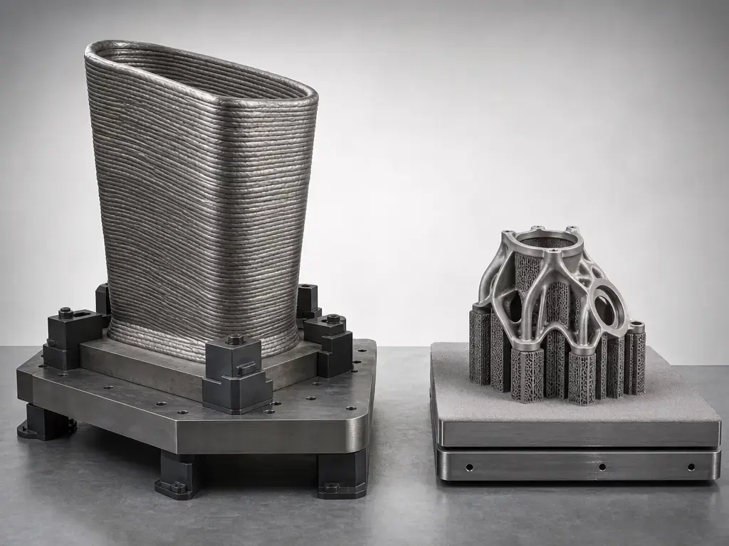 Comparison of a large WAAM preform on a fixture and an LPBF part with supports on a build plate