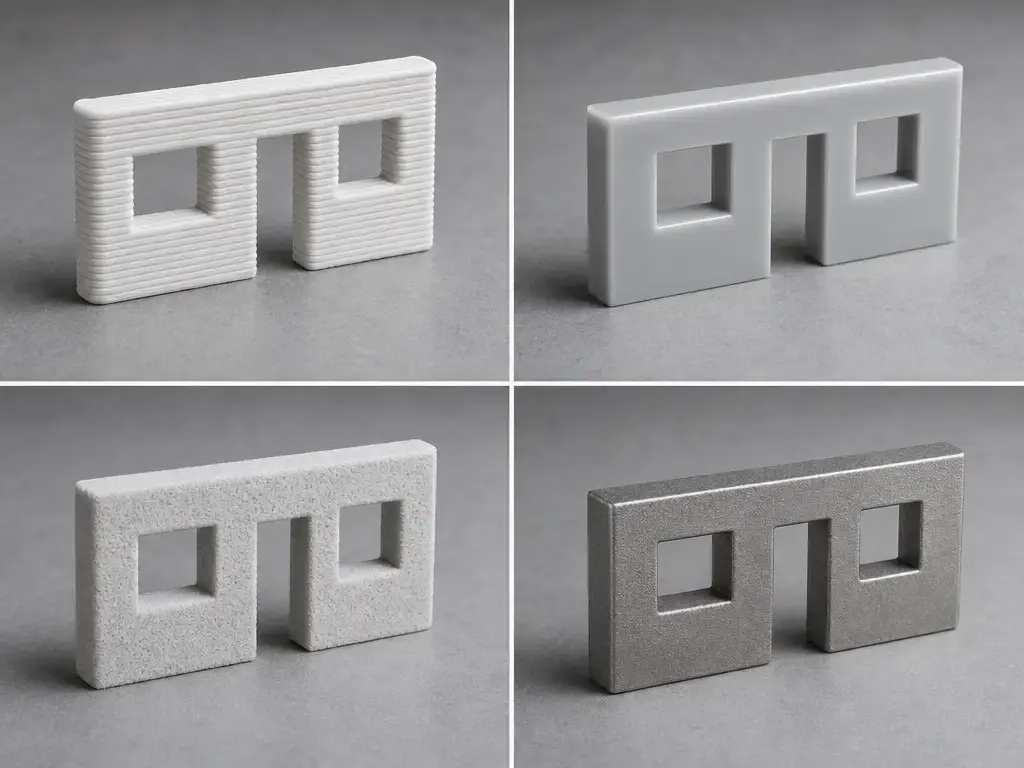 Comparison of thin wall specimens from FDM, resin, SLS, and metal powder-bed processes
