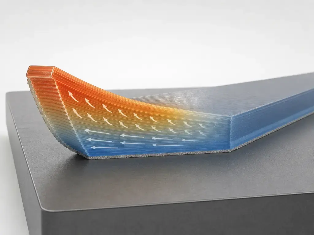 3D print warping mechanism cutaway showing thermal contraction and edge lift
