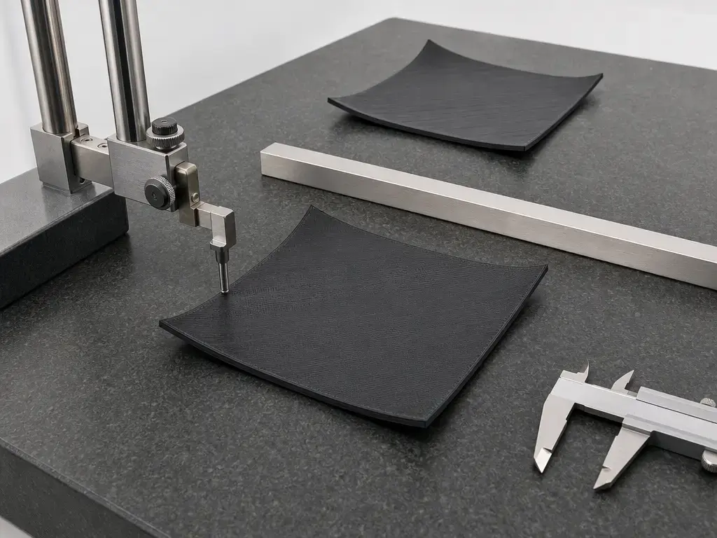 Warping metrology setup with curled 3D print on a reference plate
