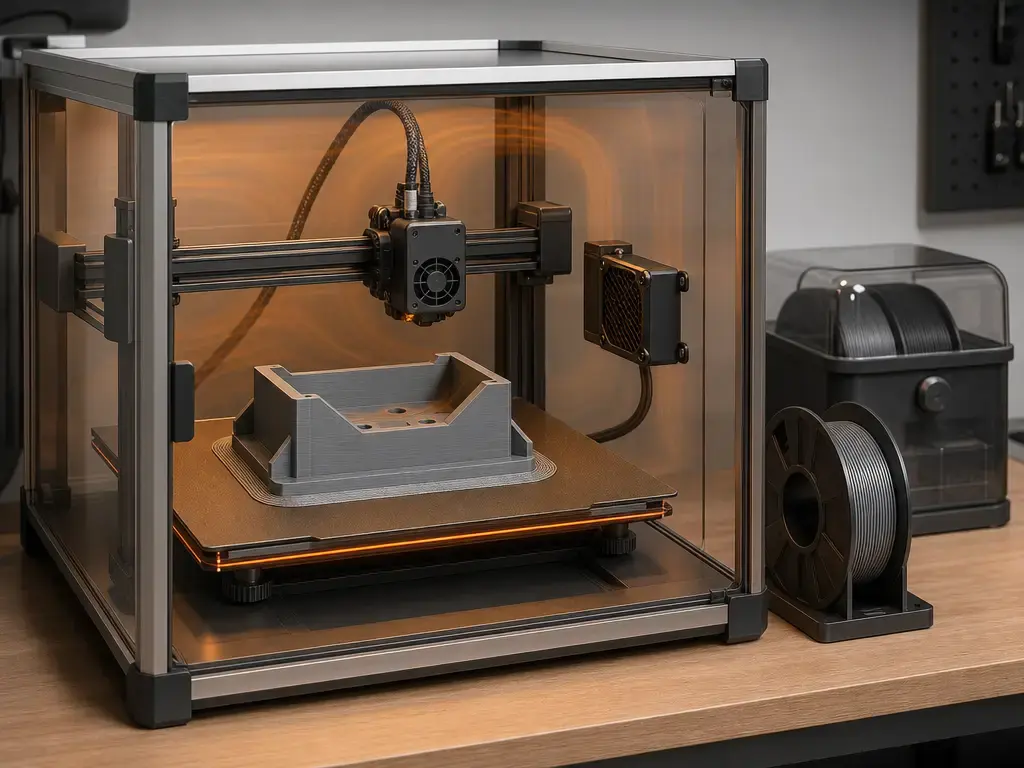 3D printer warping fixes with enclosure, brim, and raft on a heated build plate