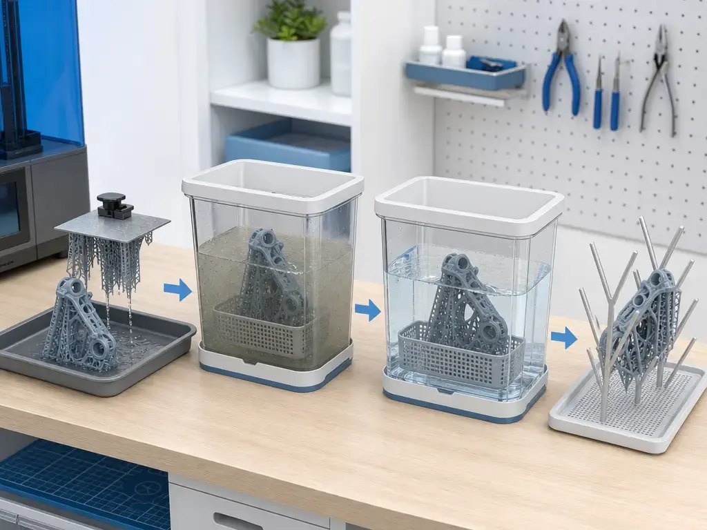 Two-bath cleaning setup for water-washable resin prints with a draining build plate