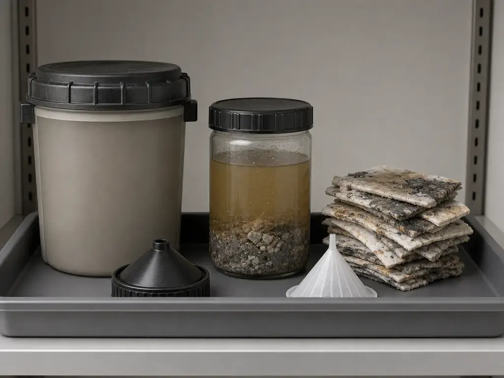 Contained resin-contaminated wash water and cured solids prepared for disposal