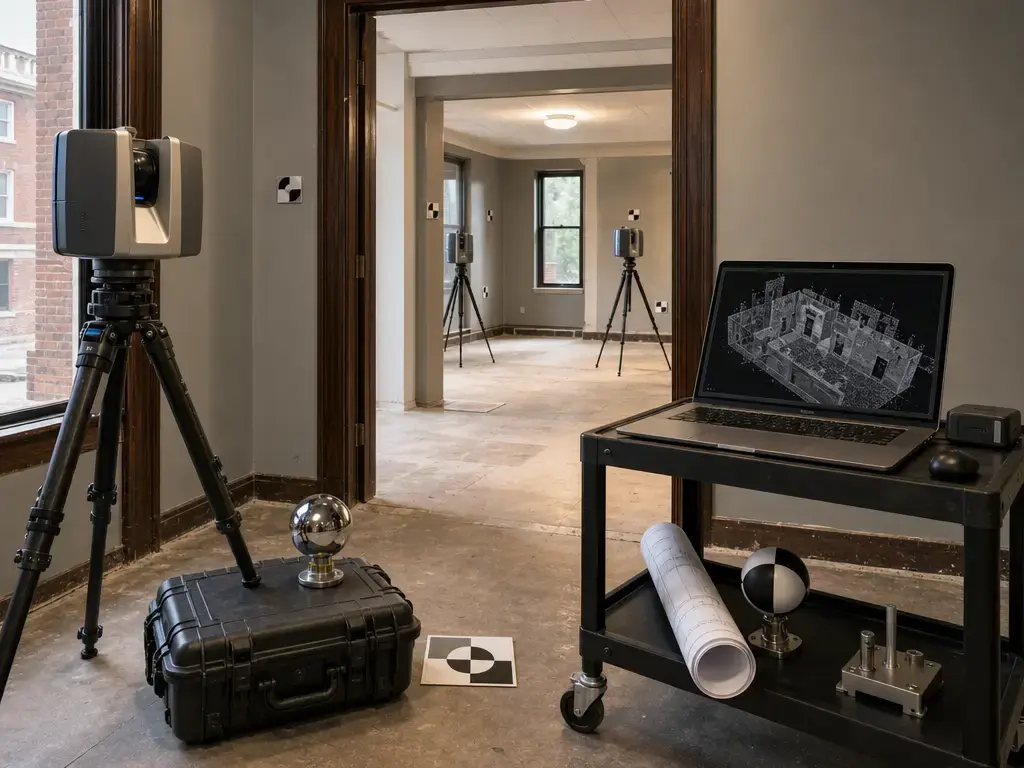Building laser scanning workflow with tripod scanner, targets, and point-cloud review laptop