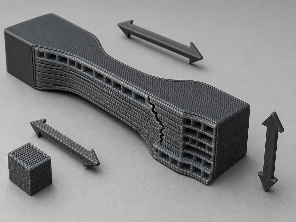 3D printed test coupon cutaway showing anisotropic filament road orientation