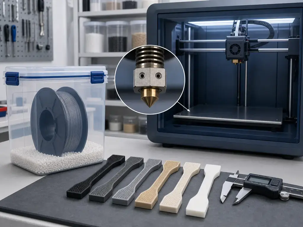 3D printer workflow for stronger parts with dry filament, enclosure, and test coupon