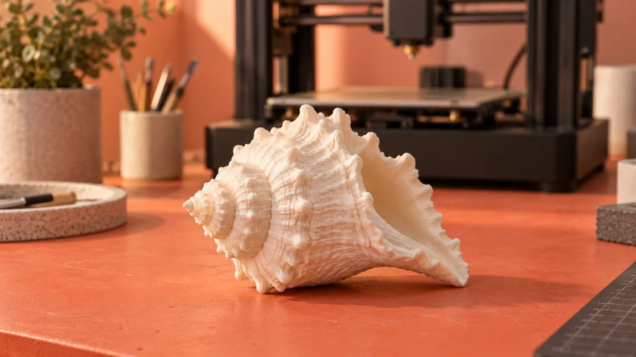 Shell-shaped object on a maker workbench with a printer in the background.