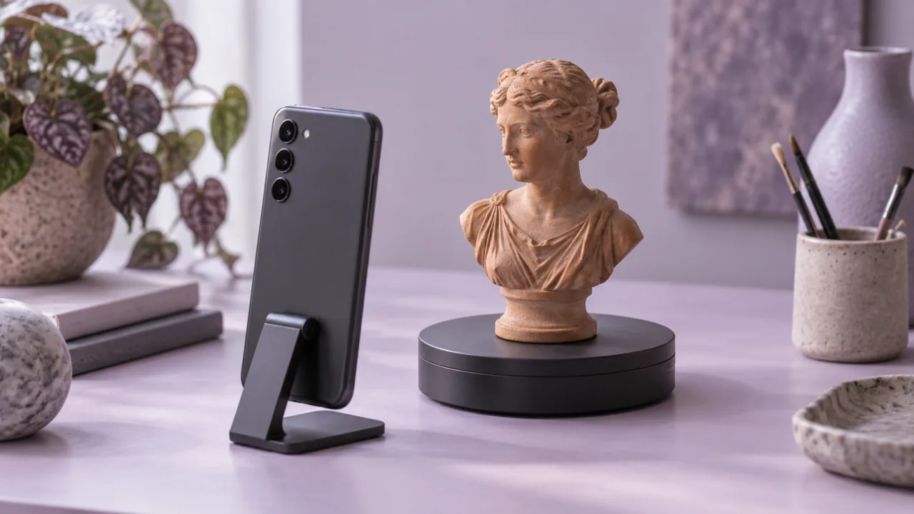 Smartphone beside a terracotta bust on a turntable.