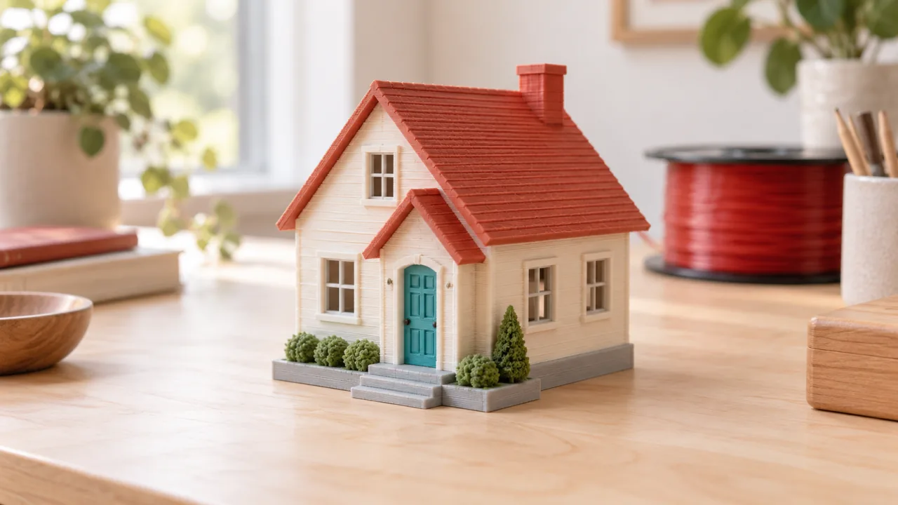 Maison miniature imprimée au toit rouge, avec une bobine de filament en arrière-plan.