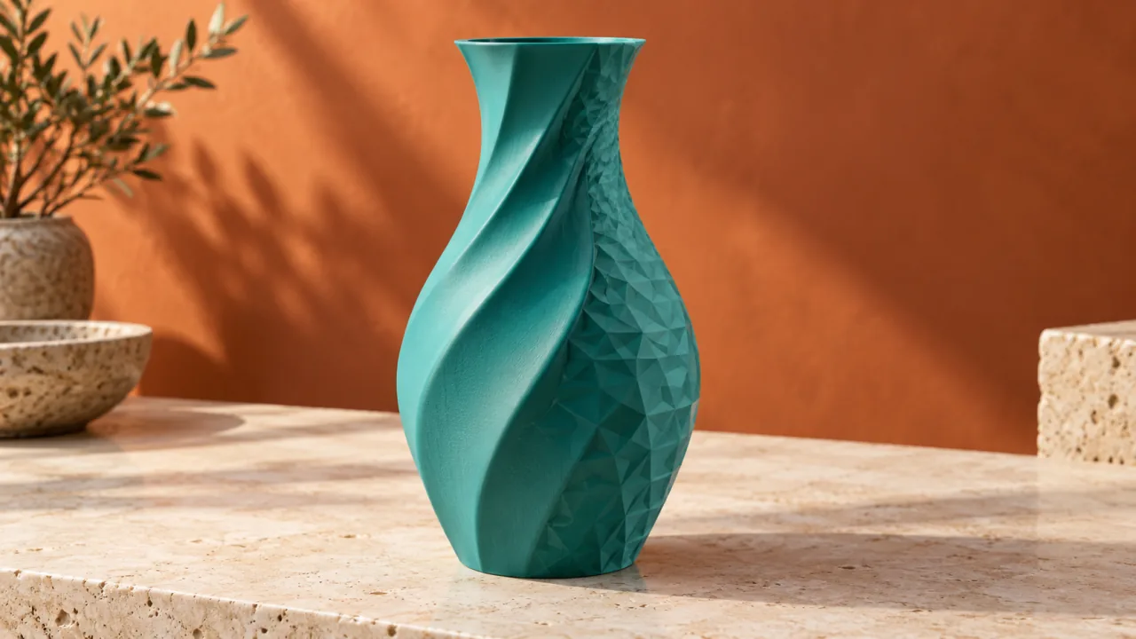 Teal printed vase with smooth and faceted surfaces.