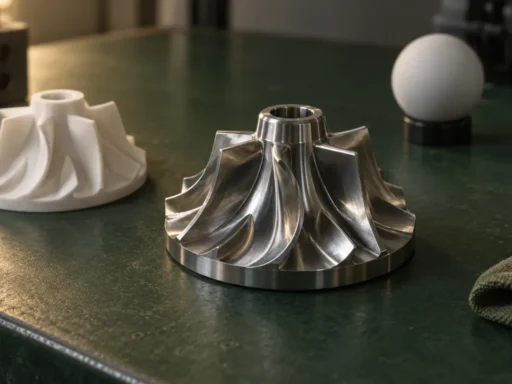 Reflective metal impeller on a laboratory workbench.