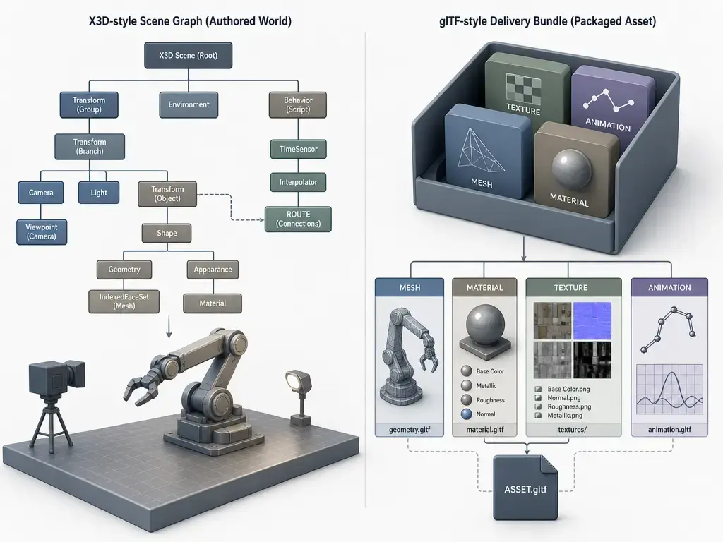 Scene graph versus packaged 3D asset workflow for X3D and glTF