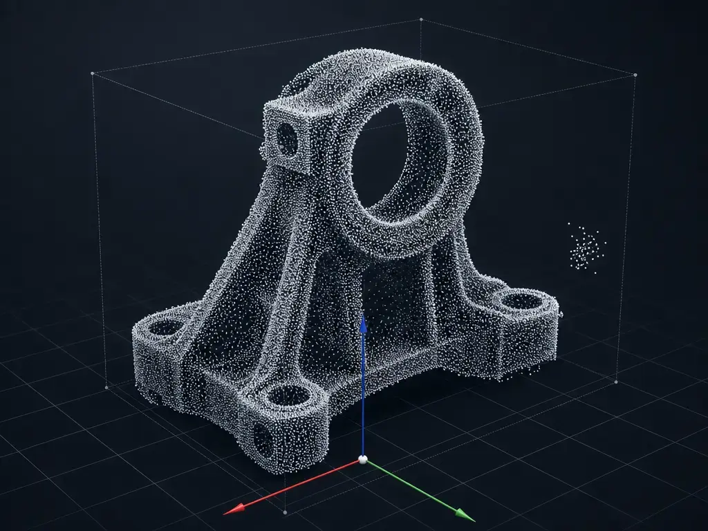 Raw XYZ point cloud of a scanned mechanical part shown as discrete 3D points without mesh faces
