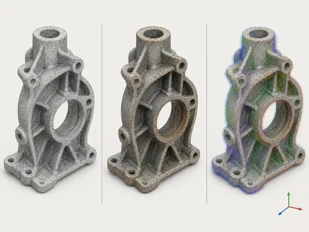 Comparison of bare XYZ, XYZRGB, and XYZN point-cloud variants on the same scanned object