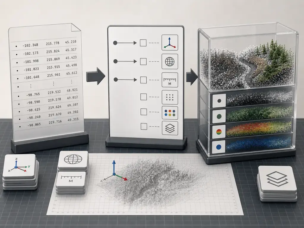 Point-cloud conversion workflow showing XYZ import with metadata mapping before export to richer formats