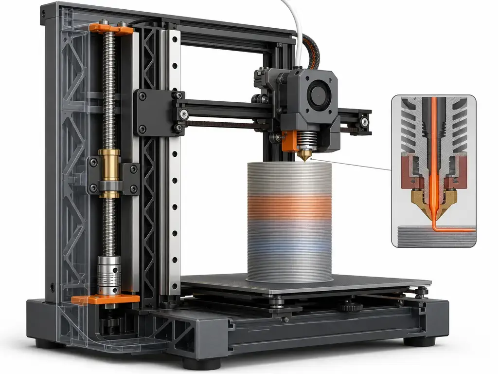 Cutaway of a 3D printer showing Z banding sources in the Z axis and extrusion