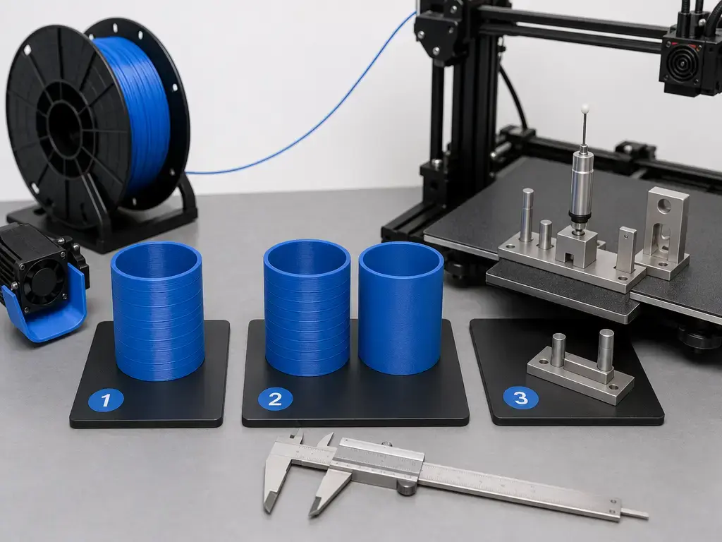 Z banding diagnostic workflow with test prints, caliper, filament spool, and printer alignment