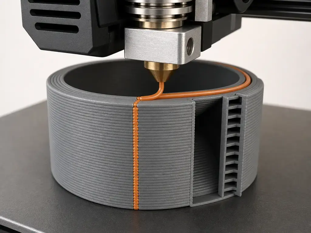 FFF nozzle showing a Z seam on a cylindrical print