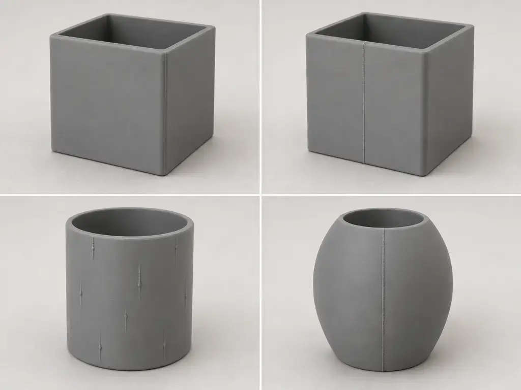 Comparison of Z seam placement on boxy and cylindrical printed parts